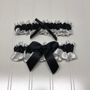 2 Wedding Garter Set - Black / White Satin (New)